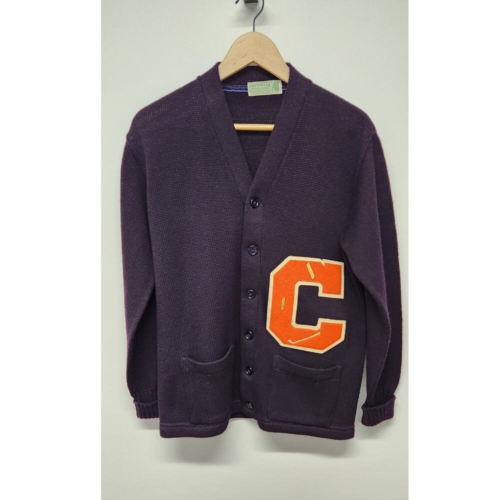Vintage Imperial Wool Letterman "C" Chenille Varsity Purple Sweater/Cardigan, 40
